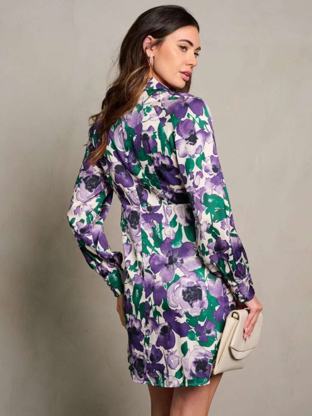 Long Sleeve V-Neck Button Up Floral Print Colored Shirt Dress - Picture 2 of 14